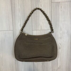 Eric Javits Woven Squishee Brown Black Brass Chain Wrapped Shoulder Handbag